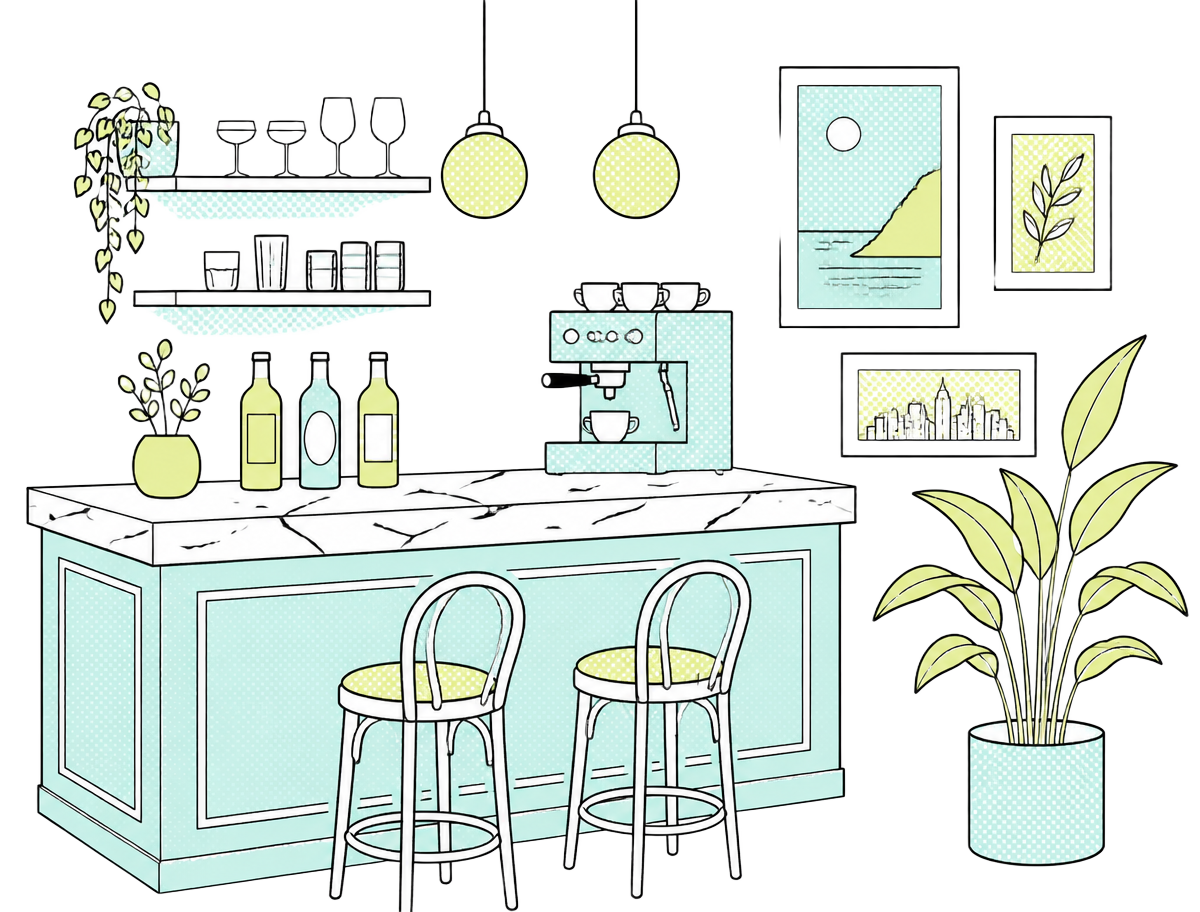Ilustración del interior del bar: barra de mármol, taburetes, botellas y cafetera